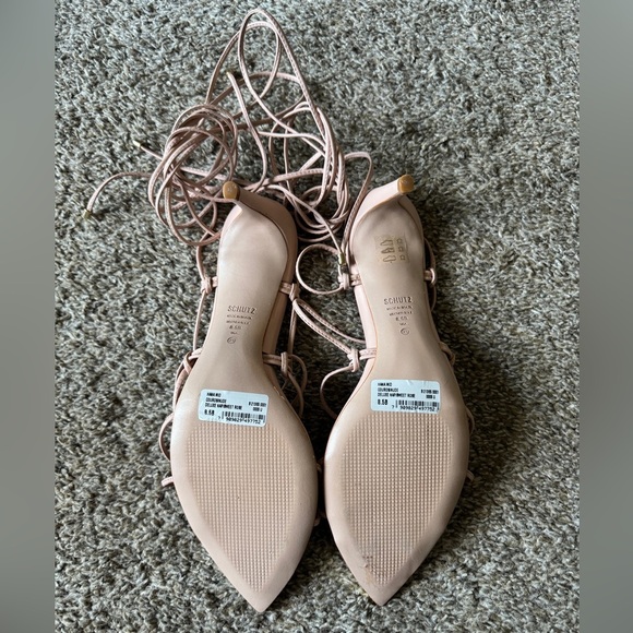 Schutz Gold Pointed Toe Lace-Up Beige Pink Strappy Heels Size 8.5 Leather - Picture 3 of 4